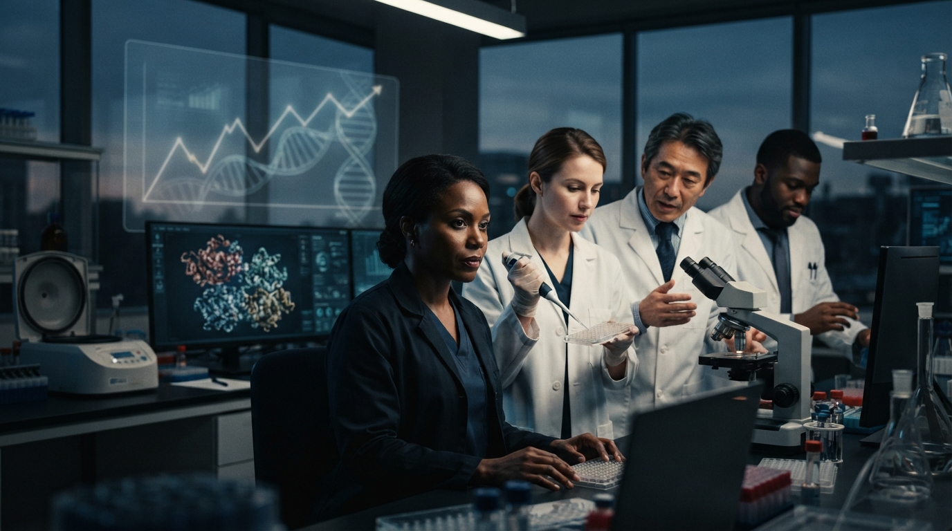 Healthcare professionals in a lab analyzing data with a rising market trend and DNA helix in the background, symbolizing progress in vaccine development.
