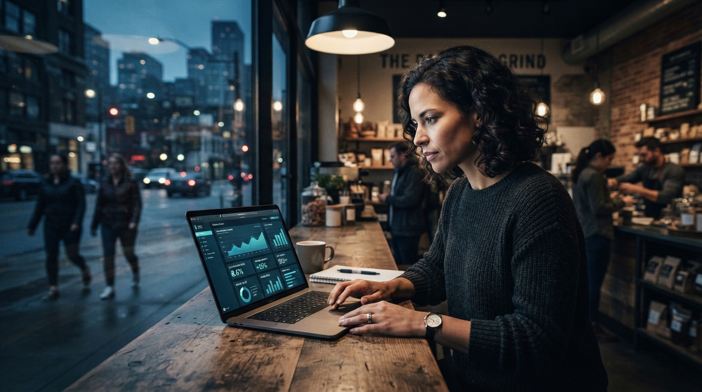 A small business owner analyzing digital marketing analytics on a screen, symbolizing growth and investment in online strategies for 2026.
